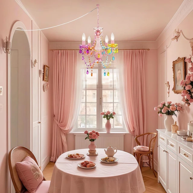 Alt view image 4 of 7 - Alighting Plug in Chandeliers, 4-Light Multicolor Small Acrylic Crystal Hanging Ceiling Lamp with 20ft Cord, No Hardwire, Multicolor Chandeliers for Dining Room, Girls' Bedroom, Nursery or Kitchen