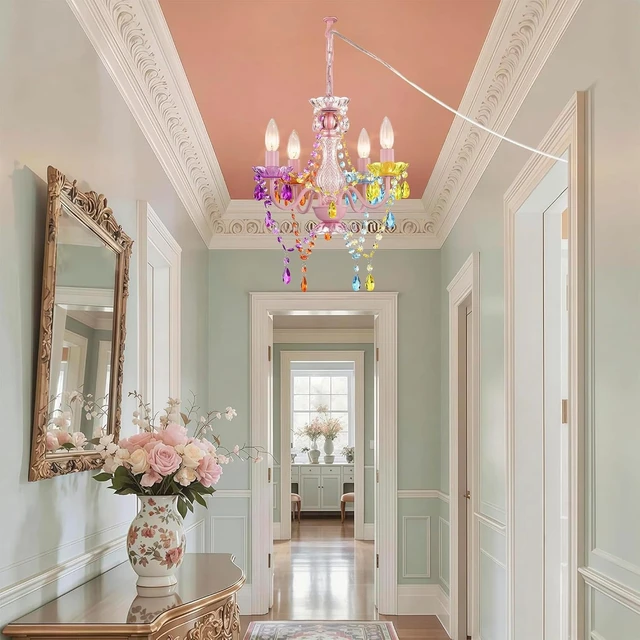 Alt view image 6 of 7 - Alighting Plug in Chandeliers, 4-Light Multicolor Small Acrylic Crystal Hanging Ceiling Lamp with 20ft Cord, No Hardwire, Multicolor Chandeliers for Dining Room, Girls' Bedroom, Nursery or Kitchen