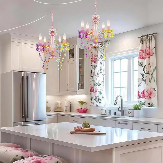 Alt view image 7 of 7 - Alighting Plug in Chandeliers, 4-Light Multicolor Small Acrylic Crystal Hanging Ceiling Lamp with 20ft Cord, No Hardwire, Multicolor Chandeliers for Dining Room, Girls' Bedroom, Nursery or Kitchen