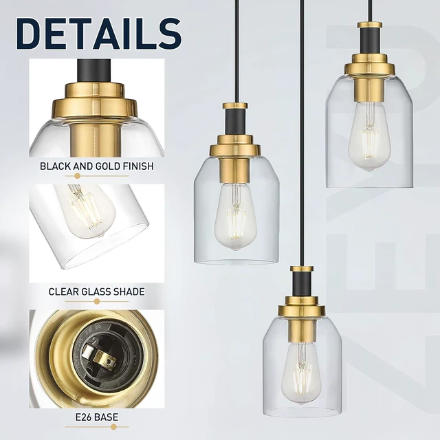Alt view image 2 of 7 - zeyu 3-Light Pendant Light Fixture, Modern Cluster Pendant Lighting, Hanging Light Fixture for Kitchen Island, Clear Glass Shade, Black and Gold Finish, ZG33-3 BK+BG