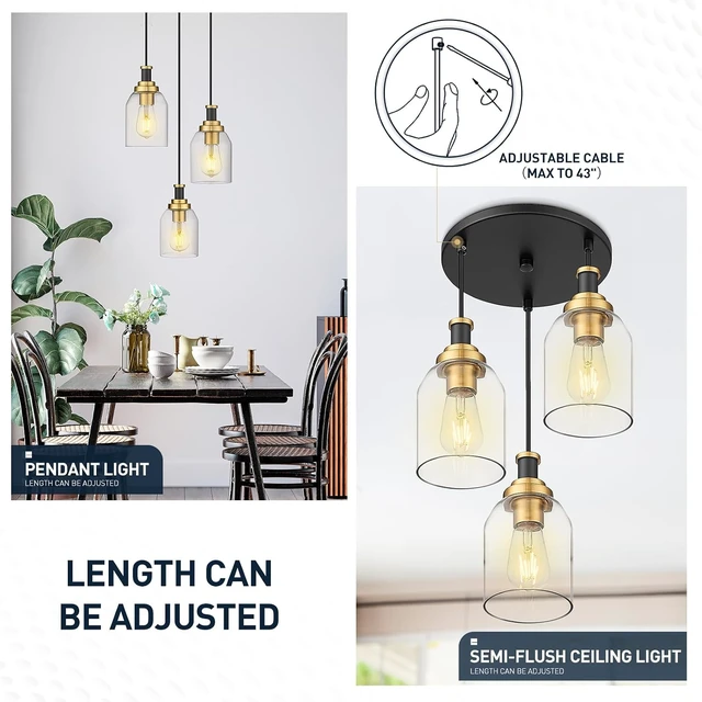 Alt view image 3 of 7 - zeyu 3-Light Pendant Light Fixture, Modern Cluster Pendant Lighting, Hanging Light Fixture for Kitchen Island, Clear Glass Shade, Black and Gold Finish, ZG33-3 BK+BG