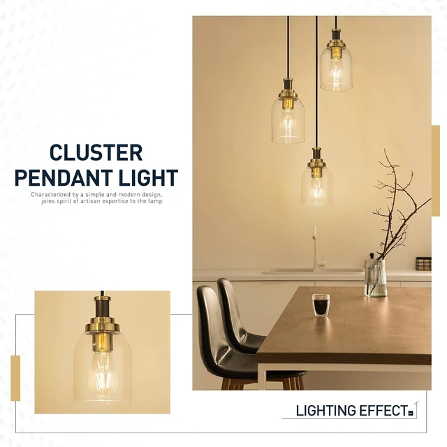 Alt view image 4 of 7 - zeyu 3-Light Pendant Light Fixture, Modern Cluster Pendant Lighting, Hanging Light Fixture for Kitchen Island, Clear Glass Shade, Black and Gold Finish, ZG33-3 BK+BG