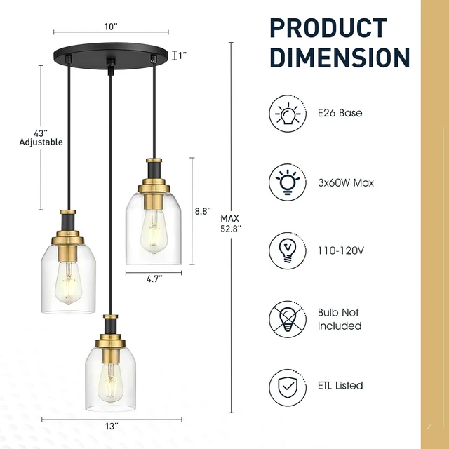 Alt view image 6 of 7 - zeyu 3-Light Pendant Light Fixture, Modern Cluster Pendant Lighting, Hanging Light Fixture for Kitchen Island, Clear Glass Shade, Black and Gold Finish, ZG33-3 BK+BG