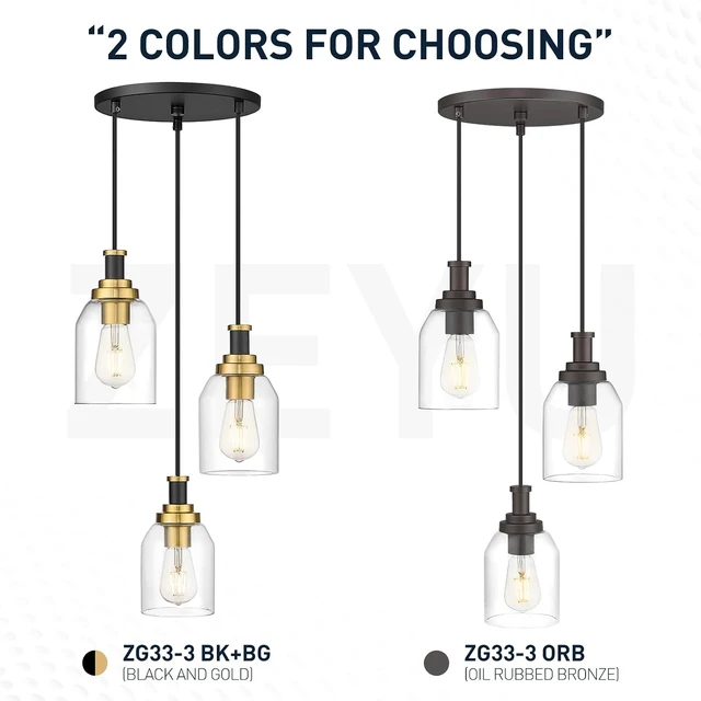 Alt view image 7 of 7 - zeyu 3-Light Pendant Light Fixture, Modern Cluster Pendant Lighting, Hanging Light Fixture for Kitchen Island, Clear Glass Shade, Black and Gold Finish, ZG33-3 BK+BG