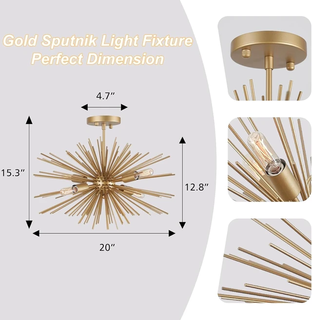 Alt view image 3 of 7 - 20in 4-Light Gold Sputnik Chandelier Ceiling Light Fixture