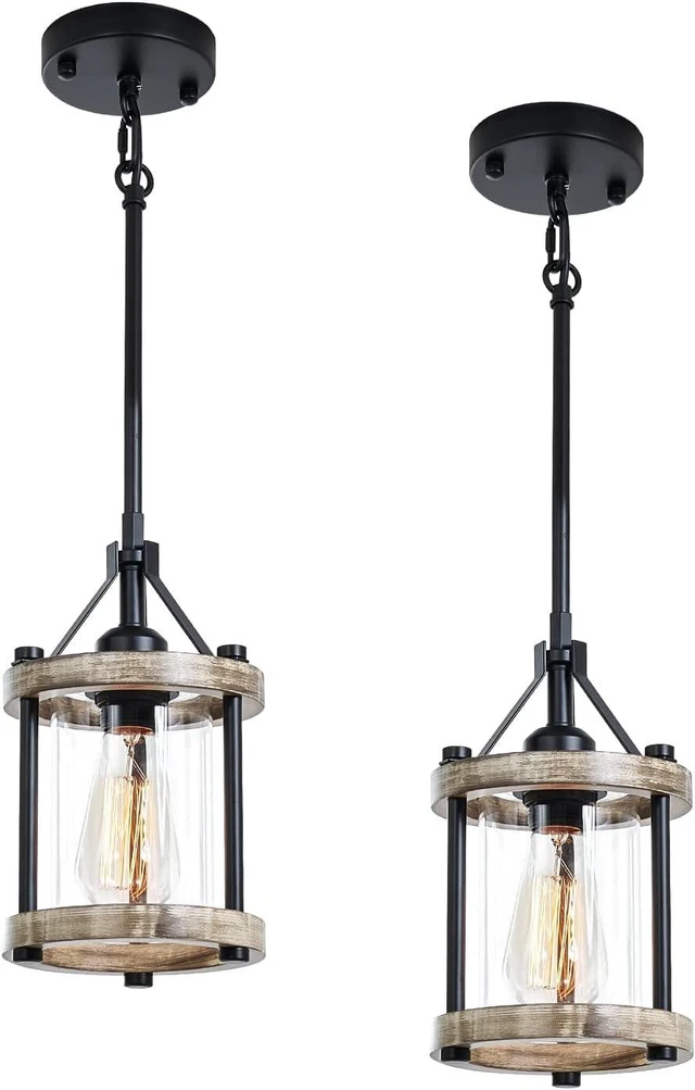 Main image of Farmhouse Pendant Light, Rustic White Wood Metal Cage Hanging Light Fixtures with Glass, 43 Inch Adjustable for Flat and Slop Ceiling, Pendant Lighting for Kitchen Island Foyer Hallway, 2 Pack