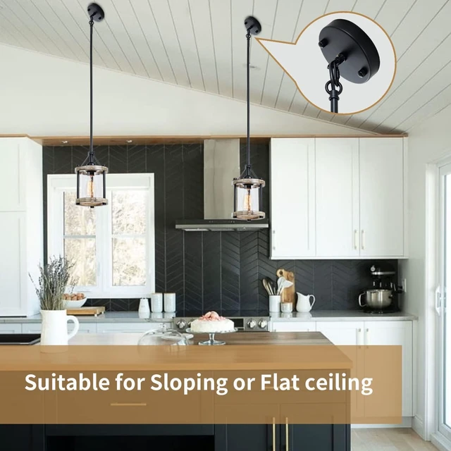 Alt view image 2 of 7 - Farmhouse Pendant Light, Rustic White Wood Metal Cage Hanging Light Fixtures with Glass, 43 Inch Adjustable for Flat and Slop Ceiling, Pendant Lighting for Kitchen Island Foyer Hallway, 2 Pack