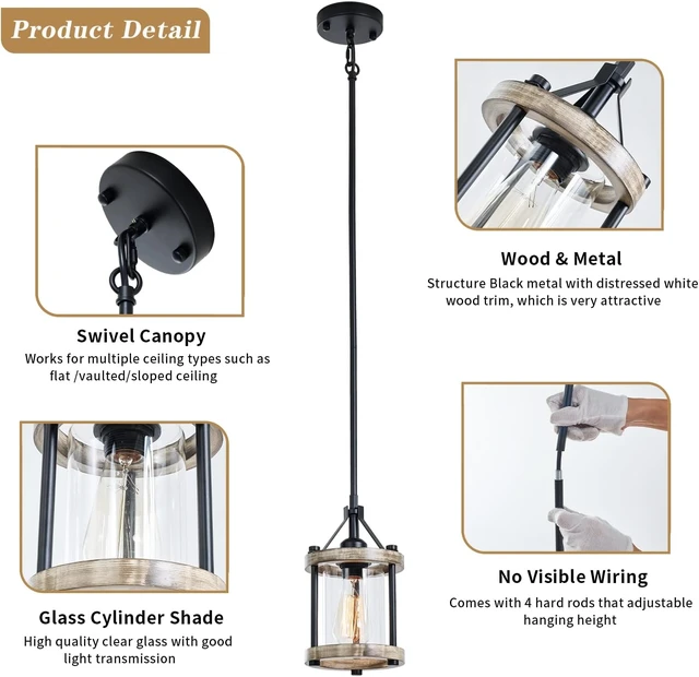 Alt view image 4 of 7 - Farmhouse Pendant Light, Rustic White Wood Metal Cage Hanging Light Fixtures with Glass, 43 Inch Adjustable for Flat and Slop Ceiling, Pendant Lighting for Kitchen Island Foyer Hallway, 2 Pack