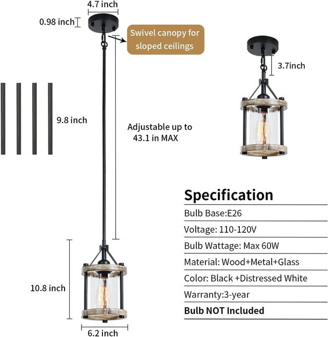 Alt view image 7 of 7 - Farmhouse Pendant Light, Rustic White Wood Metal Cage Hanging Light Fixtures with Glass, 43 Inch Adjustable for Flat and Slop Ceiling, Pendant Lighting for Kitchen Island Foyer Hallway, 2 Pack