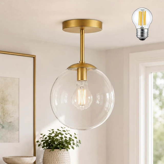 Main image of KoKo&Yukina Mid Century Modern Globe Semi Flush Mount Ceiling Light Fixture Clear Glass with Gold Brass Finish Globe Ceiling Light for Aisle Porch Stairway Closet Kitchen Laundry Room(Bulb Incl.)