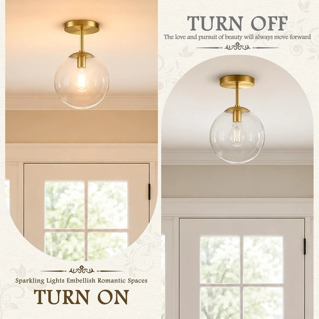 Alt view image 5 of 7 - KoKo&Yukina Mid Century Modern Globe Semi Flush Mount Ceiling Light Fixture Clear Glass with Gold Brass Finish Globe Ceiling Light for Aisle Porch Stairway Closet Kitchen Laundry Room(Bulb Incl.)