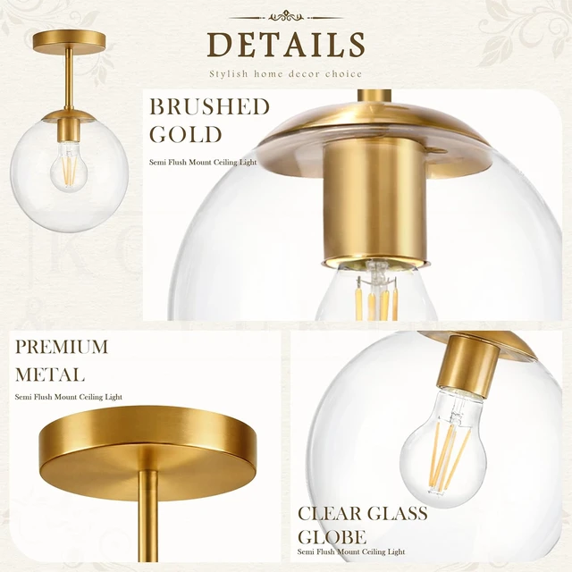 Alt view image 6 of 7 - KoKo&Yukina Mid Century Modern Globe Semi Flush Mount Ceiling Light Fixture Clear Glass with Gold Brass Finish Globe Ceiling Light for Aisle Porch Stairway Closet Kitchen Laundry Room(Bulb Incl.)