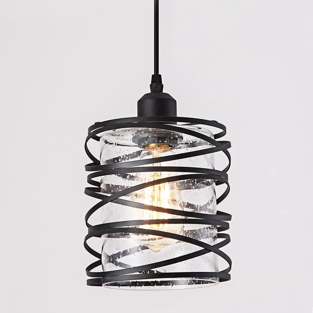 Main image of Modern Mini Pendant Light Fixture Kitchen Island Pendant Lighting 6.30''Matte Black Spiral Cage Handblown Clear Seeded Glass Shade Hanging Lamp Adjustable Cord for Dining Room 1-Pack,E26