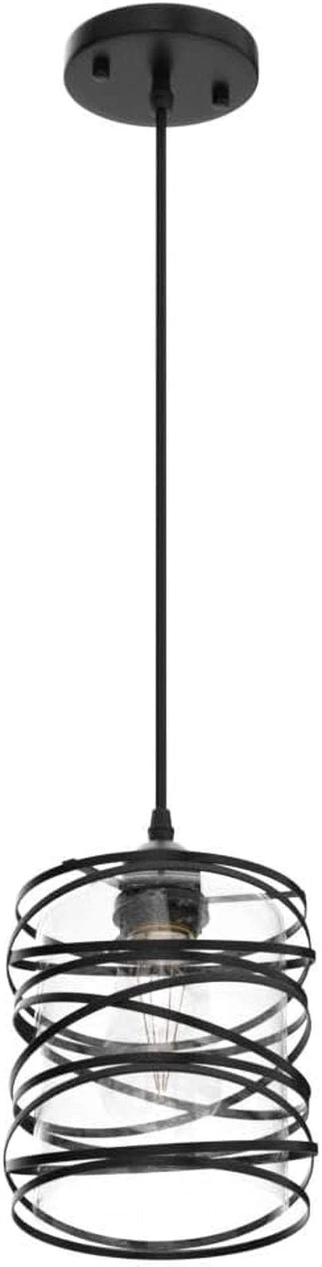 Alt view image 4 of 7 - Modern Mini Pendant Light Fixture Kitchen Island Pendant Lighting 6.30''Matte Black Spiral Cage Handblown Clear Seeded Glass Shade Hanging Lamp Adjustable Cord for Dining Room 1-Pack,E26