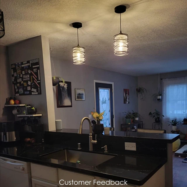 Alt view image 3 of 7 - Modern Mini Pendant Light Fixture Kitchen Island Pendant Lighting 6.30''Matte Black Spiral Cage Handblown Clear Seeded Glass Shade Hanging Lamp Adjustable Cord for Dining Room 1-Pack,E26