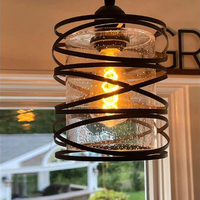 Alt view image 7 of 7 - Modern Mini Pendant Light Fixture Kitchen Island Pendant Lighting 6.30''Matte Black Spiral Cage Handblown Clear Seeded Glass Shade Hanging Lamp Adjustable Cord for Dining Room 1-Pack,E26