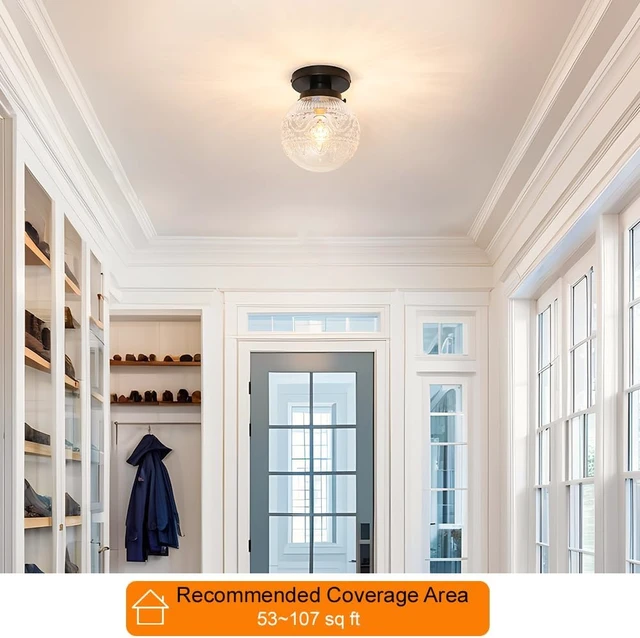 Alt view image 2 of 7 - Daunton Semi Flush Mount Ceiling Light Fixtures, Vintage Globe Glass Ceiling Light Fixture, Antique Small Black Hallway Light Fixtures for Bedroom, Closet, Entryway, Bathroom, Kitchen