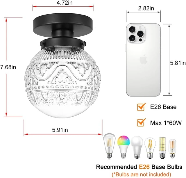 Alt view image 7 of 7 - Daunton Semi Flush Mount Ceiling Light Fixtures, Vintage Globe Glass Ceiling Light Fixture, Antique Small Black Hallway Light Fixtures for Bedroom, Closet, Entryway, Bathroom, Kitchen