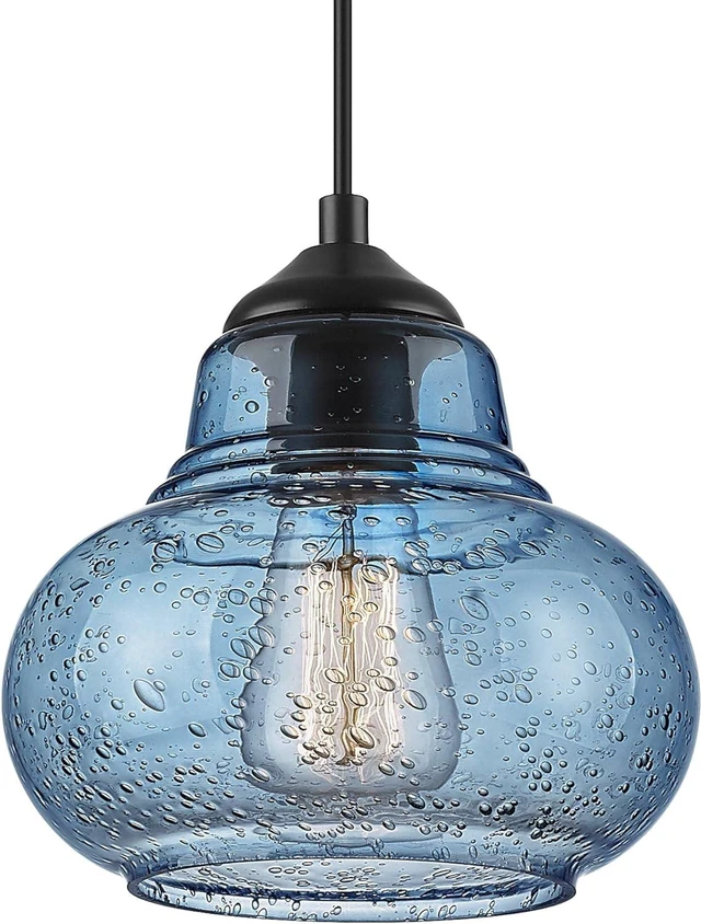 Main image of ELYONA 8 Inch Pendant Light for Kitchen Island Modern Blue Hand Blown Bubble Glass Pendant Lighting Hanging Light fixtures for Dining Room Bar Bedroom Living Room