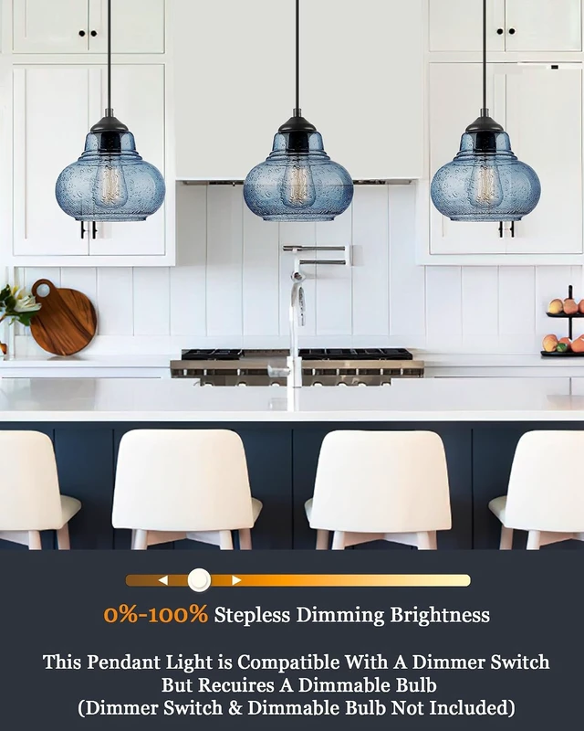 Alt view image 2 of 7 - ELYONA 8 Inch Pendant Light for Kitchen Island Modern Blue Hand Blown Bubble Glass Pendant Lighting Hanging Light fixtures for Dining Room Bar Bedroom Living Room