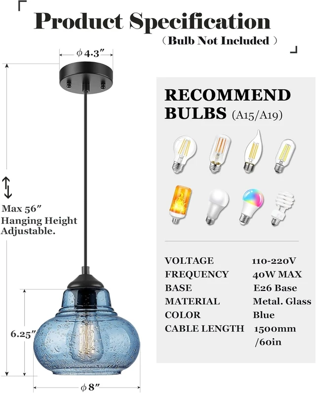 Alt view image 4 of 7 - ELYONA 8 Inch Pendant Light for Kitchen Island Modern Blue Hand Blown Bubble Glass Pendant Lighting Hanging Light fixtures for Dining Room Bar Bedroom Living Room