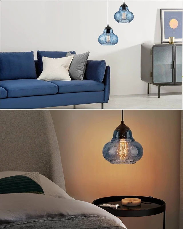Alt view image 6 of 7 - ELYONA 8 Inch Pendant Light for Kitchen Island Modern Blue Hand Blown Bubble Glass Pendant Lighting Hanging Light fixtures for Dining Room Bar Bedroom Living Room