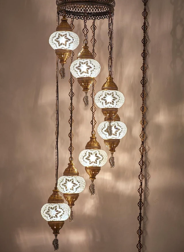 Main image of DEMMEX 7 Globes Swag Plug in Turkish Moroccan Mosaic Bohemian Tiffany Ceiling Hanging Lamp Pendant Light Fixture Chandelier Lighting with 15feet Cord Chain and Plug, 50" Height (White-Clear)