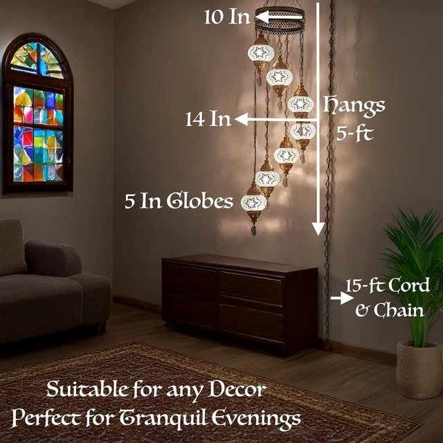 Alt view image 3 of 3 - DEMMEX 7 Globes Swag Plug in Turkish Moroccan Mosaic Bohemian Tiffany Ceiling Hanging Lamp Pendant Light Fixture Chandelier Lighting with 15feet Cord Chain and Plug, 50" Height (White-Clear)