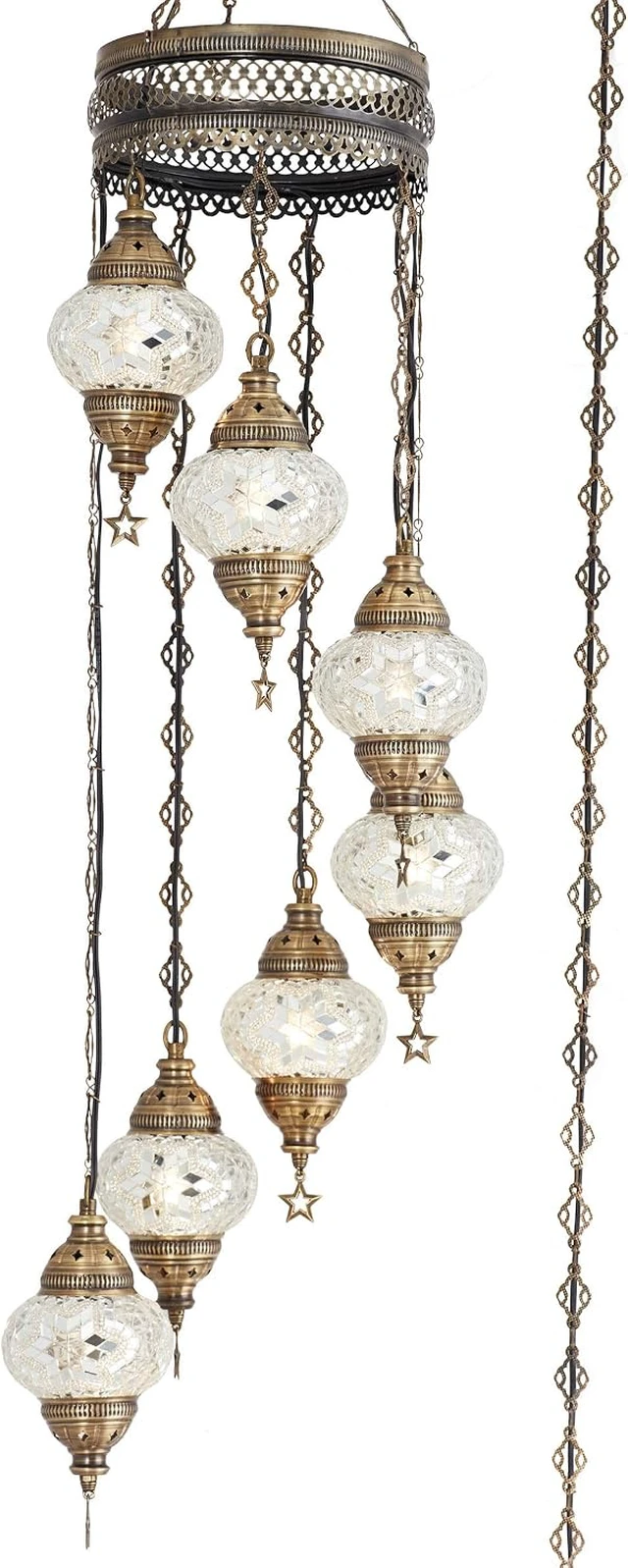 Alt view image 2 of 3 - DEMMEX 7 Globes Swag Plug in Turkish Moroccan Mosaic Bohemian Tiffany Ceiling Hanging Lamp Pendant Light Fixture Chandelier Lighting with 15feet Cord Chain and Plug, 50" Height (White-Clear)