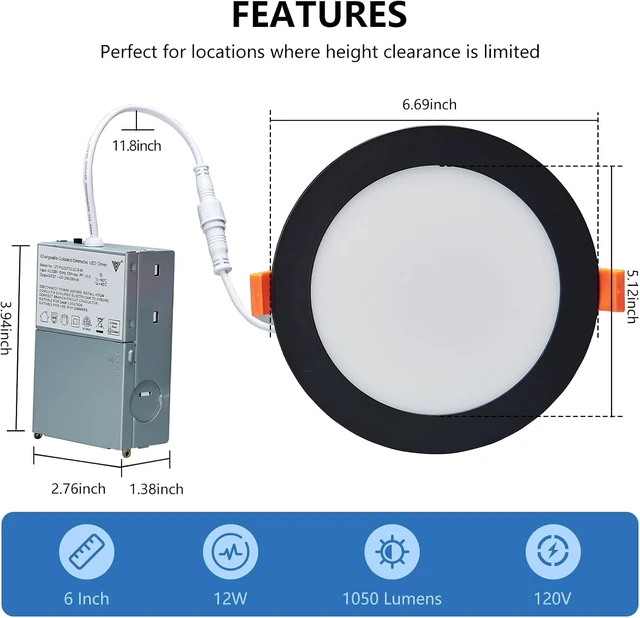 Alt view image 7 of 7 - CycevSun Black Recessed Lights Canless 6 Inch Wafer Pot Lighting, 6 Pack