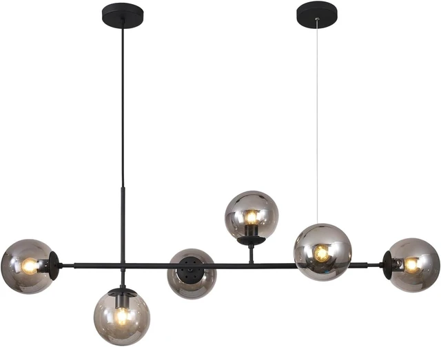 Main image of KCO Black 6-Light Linear Pendant Light Smoke Glass Globe Sputnik Chandelier