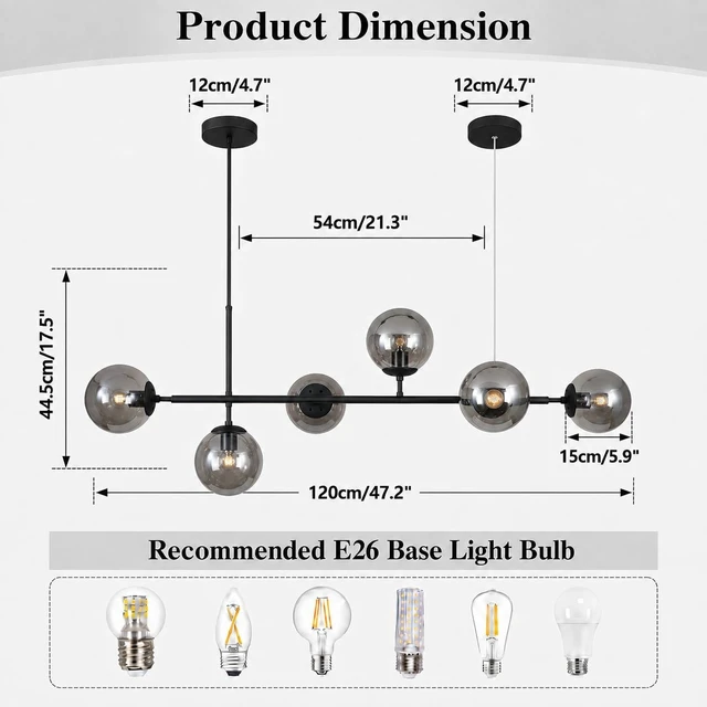 Alt view image 2 of 7 - KCO Black 6-Light Linear Pendant Light Smoke Glass Globe Sputnik Chandelier
