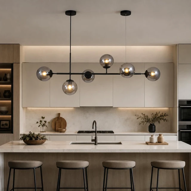 Alt view image 4 of 7 - KCO Black 6-Light Linear Pendant Light Smoke Glass Globe Sputnik Chandelier