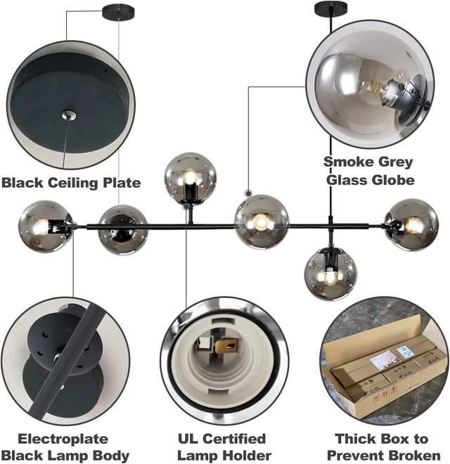 Alt view image 3 of 7 - KCO Black 6-Light Linear Pendant Light Smoke Glass Globe Sputnik Chandelier