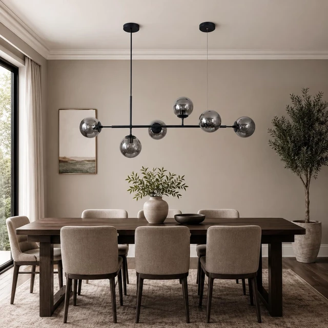 Alt view image 5 of 7 - KCO Black 6-Light Linear Pendant Light Smoke Glass Globe Sputnik Chandelier