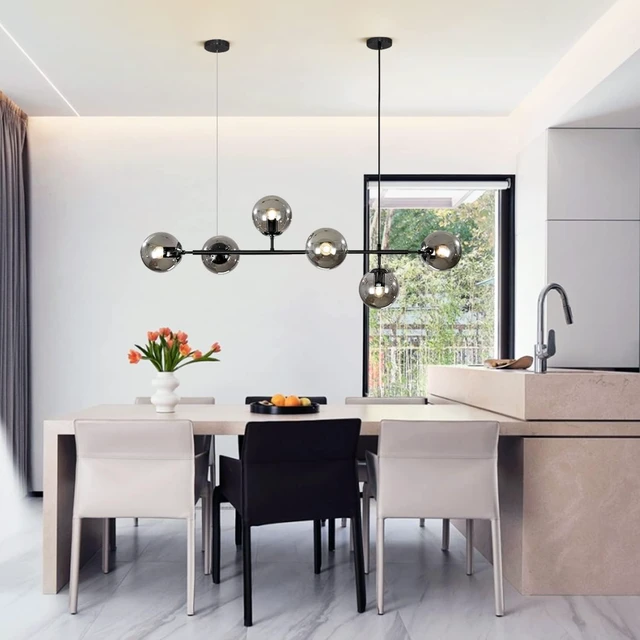 Alt view image 7 of 7 - KCO Black 6-Light Linear Pendant Light Smoke Glass Globe Sputnik Chandelier