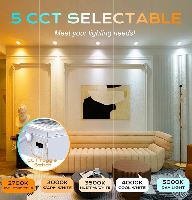Alt view image 2 of 7 - CLOUDY BAY 15W 6 inch 5 Color Swivel LED Gimbal Recessed Light with Junction Box, IC Rated Air Tight Flicker Free,120V CRI90+, 2700K/3000K/3500K/4000K/5000K Temperature Selectable,White, Pack of 4