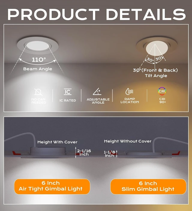 Alt view image 3 of 7 - CLOUDY BAY 15W 6 inch 5 Color Swivel LED Gimbal Recessed Light with Junction Box, IC Rated Air Tight Flicker Free,120V CRI90+, 2700K/3000K/3500K/4000K/5000K Temperature Selectable,White, Pack of 4