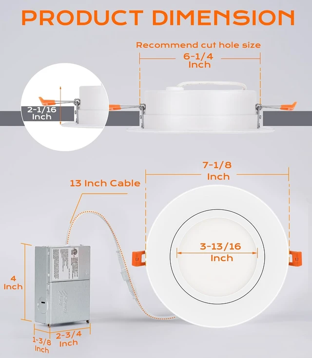 Alt view image 4 of 7 - CLOUDY BAY 15W 6 inch 5 Color Swivel LED Gimbal Recessed Light with Junction Box, IC Rated Air Tight Flicker Free,120V CRI90+, 2700K/3000K/3500K/4000K/5000K Temperature Selectable,White, Pack of 4