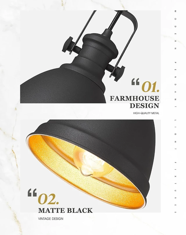 Alt view image 3 of 7 - 2-Pack Black Pendant Lights Kitchen Island, 8" Metal Shade
