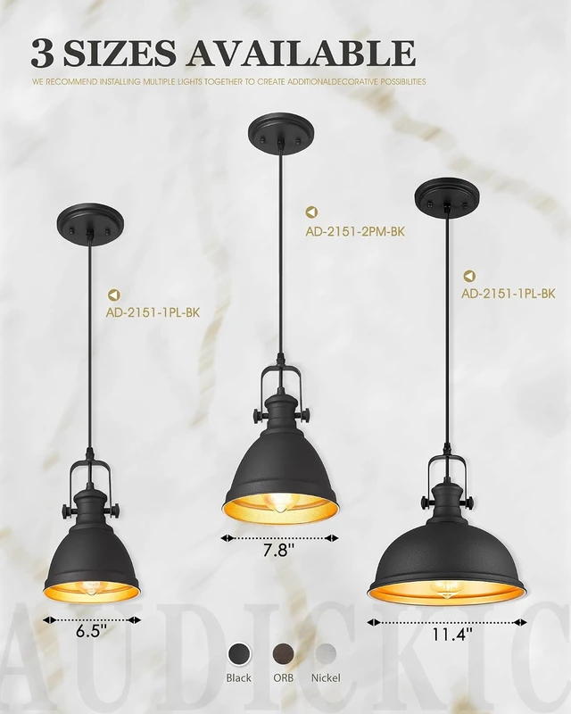 Alt view image 7 of 7 - 2-Pack Black Pendant Lights Kitchen Island, 8" Metal Shade