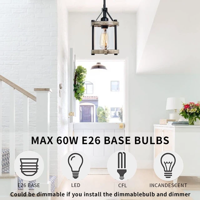 Alt view image 3 of 7 - Farmhouse Pendant Light, Rustic White Wood Metal Cage Hanging Light Fixtures with Glass, 43 Inch Adjustable for Flat and Slop Ceiling, Pendant Lighting for Kitchen Island Foyer Hallway, 2 Pack