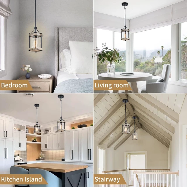 Alt view image 6 of 7 - Farmhouse Pendant Light, Rustic White Wood Metal Cage Hanging Light Fixtures with Glass, 43 Inch Adjustable for Flat and Slop Ceiling, Pendant Lighting for Kitchen Island Foyer Hallway, 2 Pack