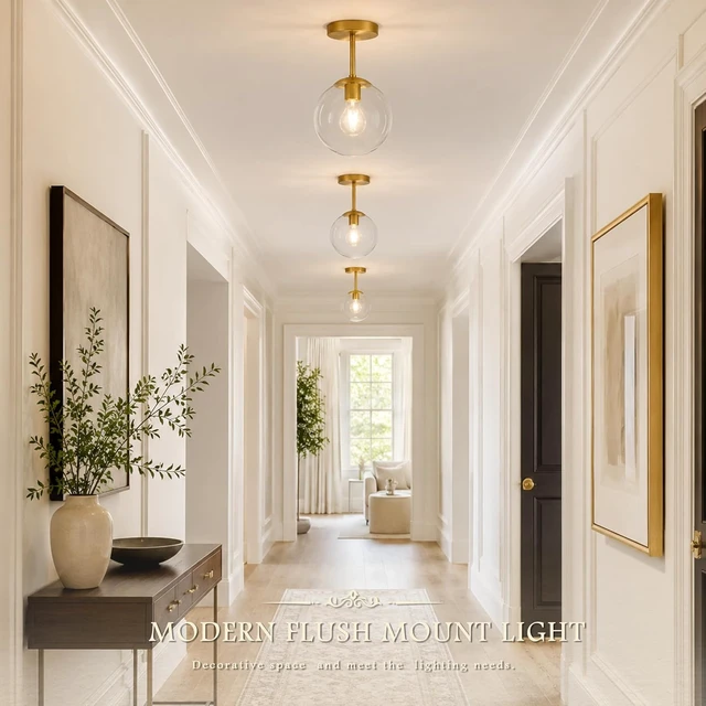 Alt view image 3 of 7 - KoKo&Yukina Mid Century Modern Globe Semi Flush Mount Ceiling Light Fixture Clear Glass with Gold Brass Finish Globe Ceiling Light for Aisle Porch Stairway Closet Kitchen Laundry Room(Bulb Incl.)