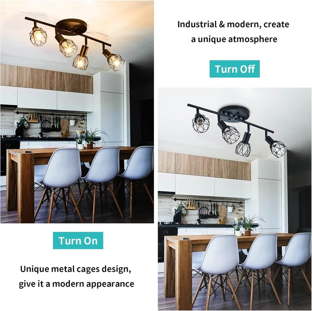 Alt view image 2 of 7 - Track Lighting Kit, 4-Light Adjustable Multi-Directional Ceiling Light Fixtures, Vintage Black Metal Wire Cage Farmhouse Light Fixtures Ceiling Mount for Kitchen Dining Table Hallway Bathroom Bedroom