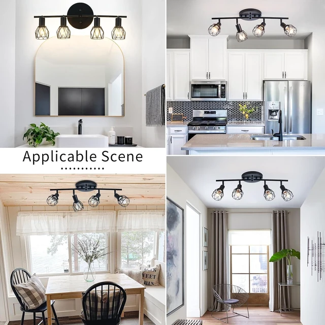 Alt view image 3 of 7 - Track Lighting Kit, 4-Light Adjustable Multi-Directional Ceiling Light Fixtures, Vintage Black Metal Wire Cage Farmhouse Light Fixtures Ceiling Mount for Kitchen Dining Table Hallway Bathroom Bedroom