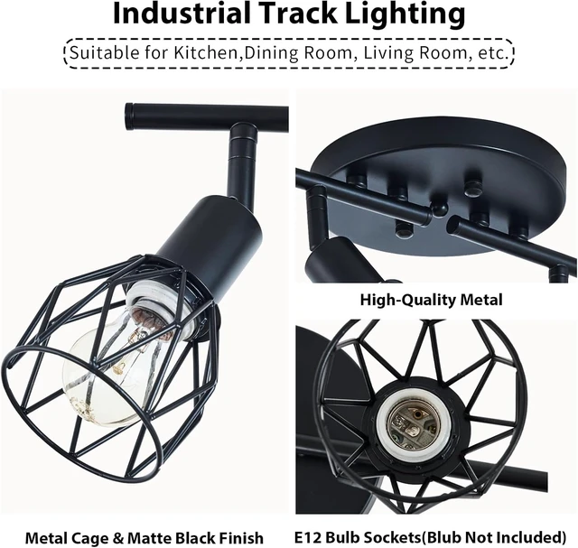 Alt view image 4 of 7 - Track Lighting Kit, 4-Light Adjustable Multi-Directional Ceiling Light Fixtures, Vintage Black Metal Wire Cage Farmhouse Light Fixtures Ceiling Mount for Kitchen Dining Table Hallway Bathroom Bedroom
