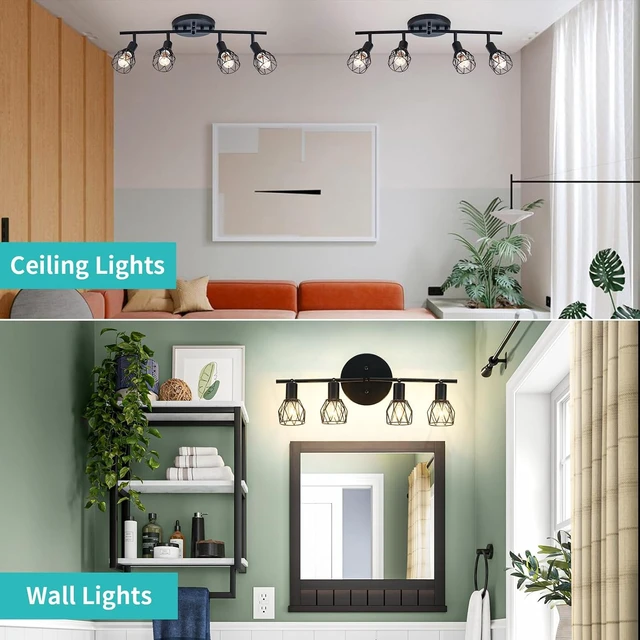 Alt view image 6 of 7 - Track Lighting Kit, 4-Light Adjustable Multi-Directional Ceiling Light Fixtures, Vintage Black Metal Wire Cage Farmhouse Light Fixtures Ceiling Mount for Kitchen Dining Table Hallway Bathroom Bedroom