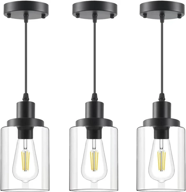 Main image of Industrial Pendant Lights, Modern Clear Glass Shade Pendant Lighting, Black Pendant Light Fixtures Ceiling Light, Farmhouse Pendant Lighting for Kitchen Island Hallway Porch Corridor Bedroom, 3-Pack