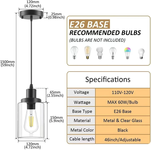 Alt view image 2 of 5 - Industrial Pendant Lights, Modern Clear Glass Shade Pendant Lighting, Black Pendant Light Fixtures Ceiling Light, Farmhouse Pendant Lighting for Kitchen Island Hallway Porch Corridor Bedroom, 3-Pack
